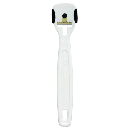 The Pedi-Quick Safety Corn and Callus Trimmer features a white handle and a metal blade, designed for removing corns and calluses.