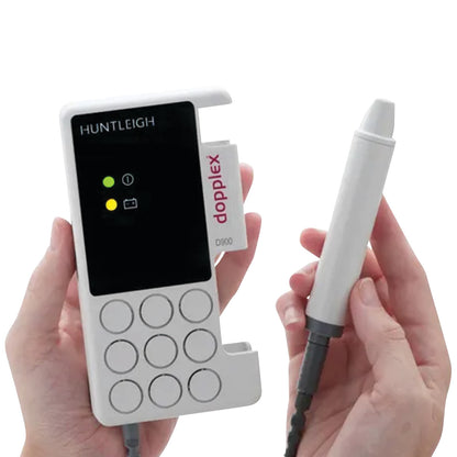 Hands holding a Huntleigh Mini Dopplex (D900) doppler device. The device has a display, buttons, and a connected probe.
