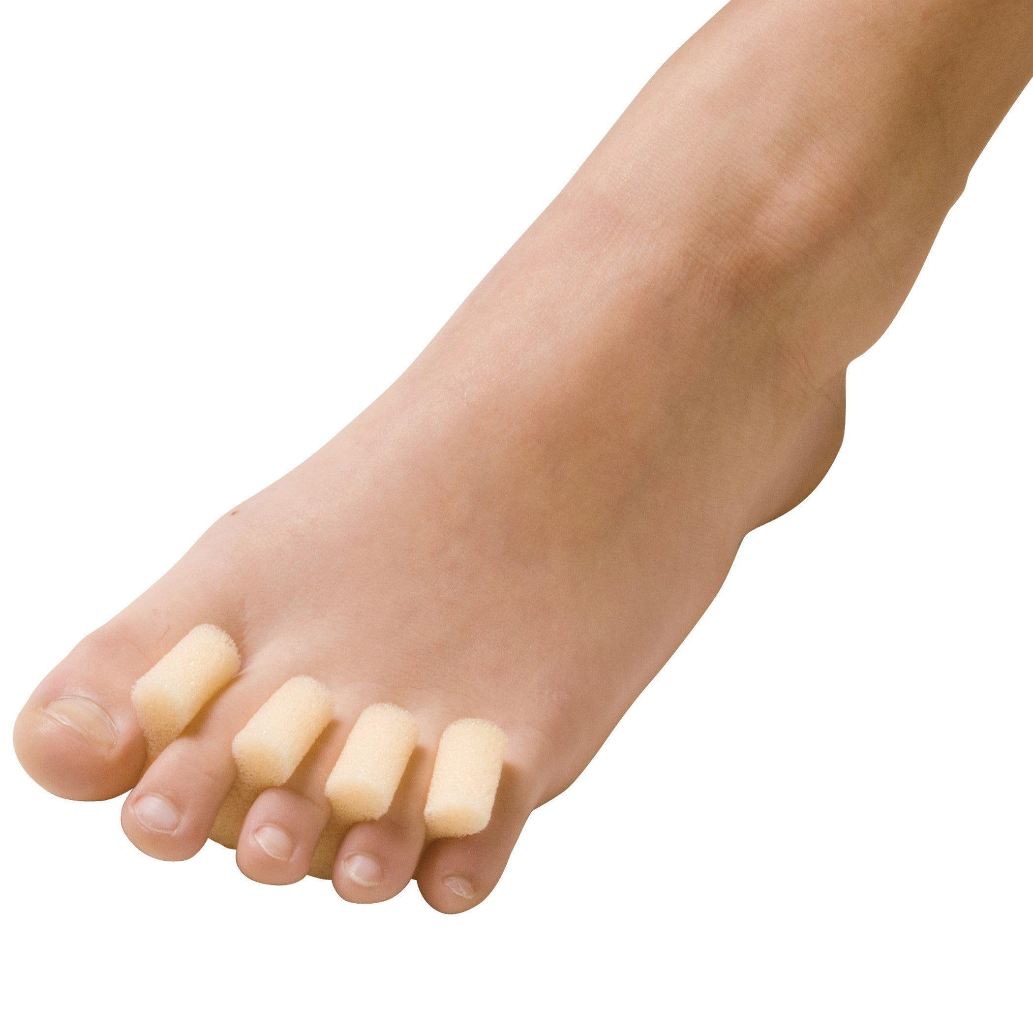 A foot with PediFix Polyfoam Toe "Comb" Cushion, showing beige foam separators between toes for alignment and comfort.