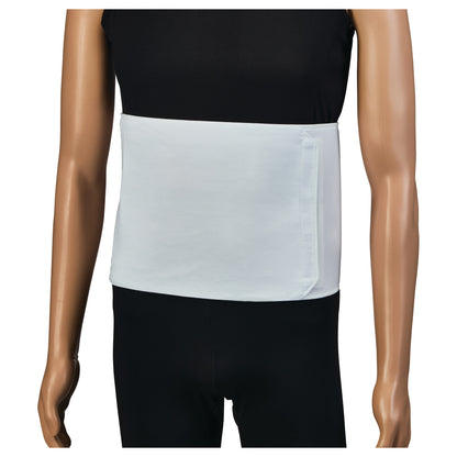 A mannequin wears an EZY Wrap Economy Universal Abdominal Binder, white, over a black outfit, covering the abdominal area.
