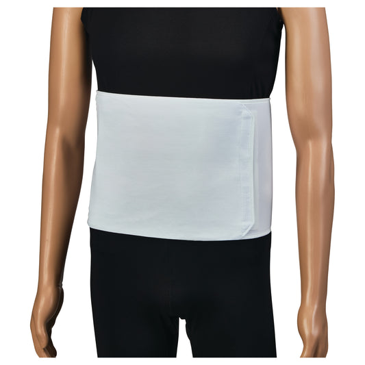 A mannequin wears an EZY Wrap Economy Universal Abdominal Binder, white, over a black outfit, covering the abdominal area.