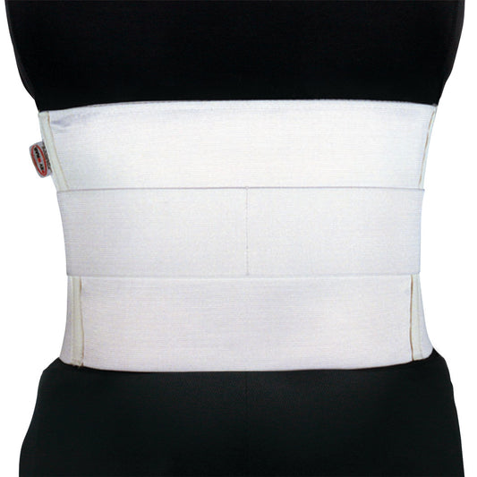 A person wearing the EZY Wrap Elastic Lumbosacral Support with Pocket, a wide white back support belt around the waist.