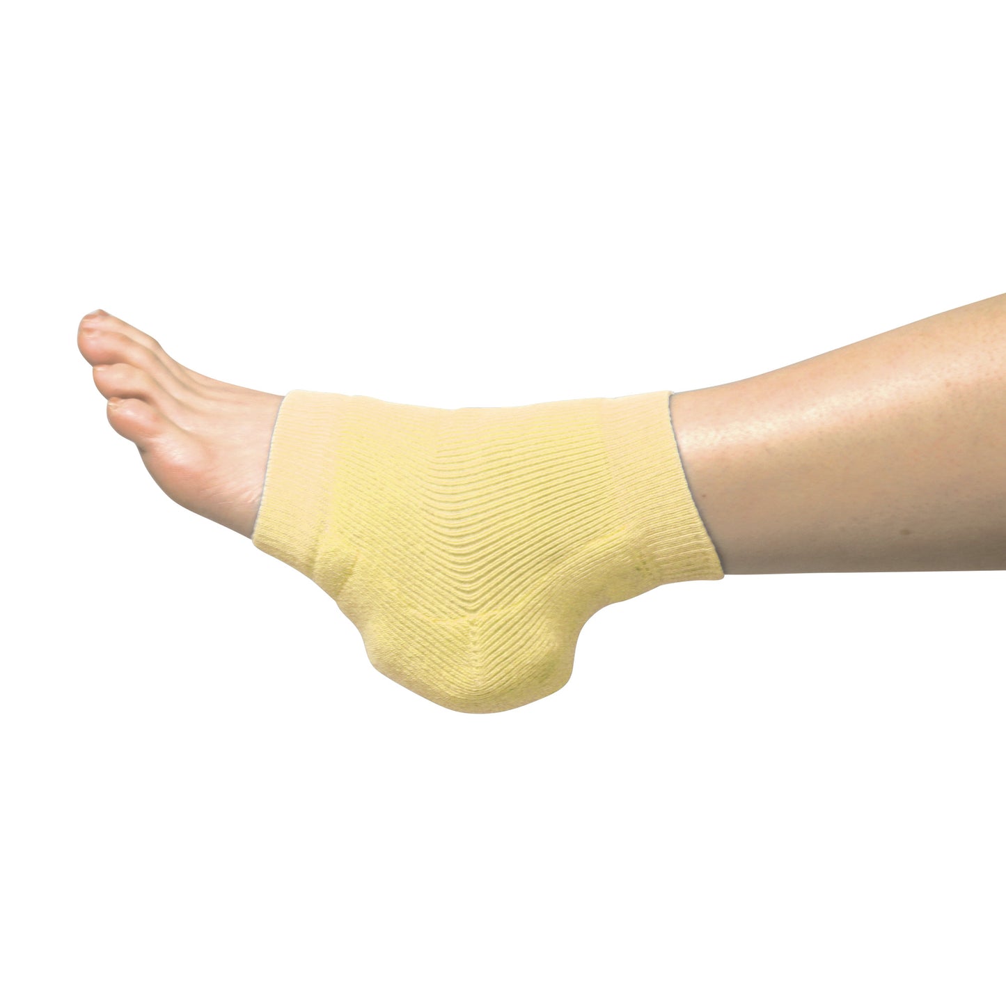 A bare foot wears a yellow Heelbo Heel/Elbow Protector. The elastic sleeve covers the heel for cushioning and support.