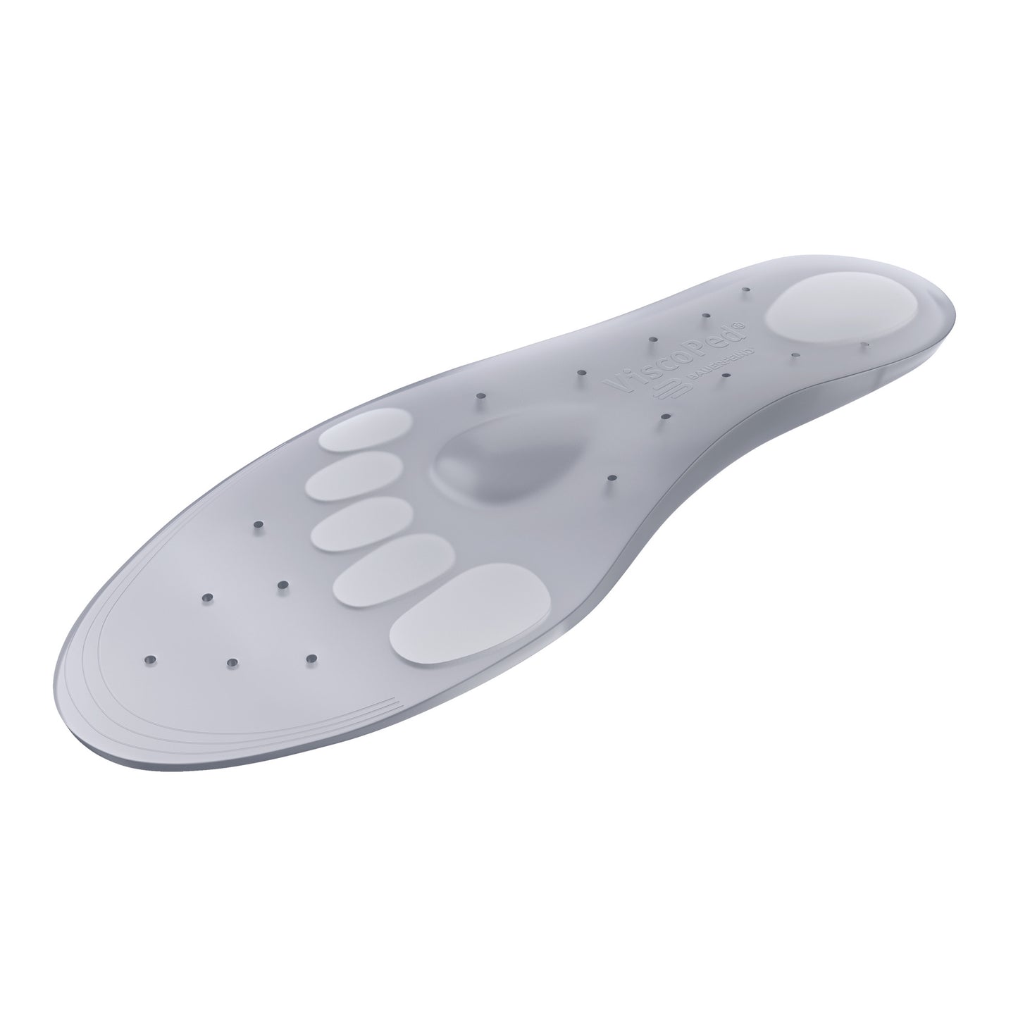 Bauerfeind ViscoPed Insole is gray with cushioned areas for toes and heel, featuring small perforations for ventilation.
