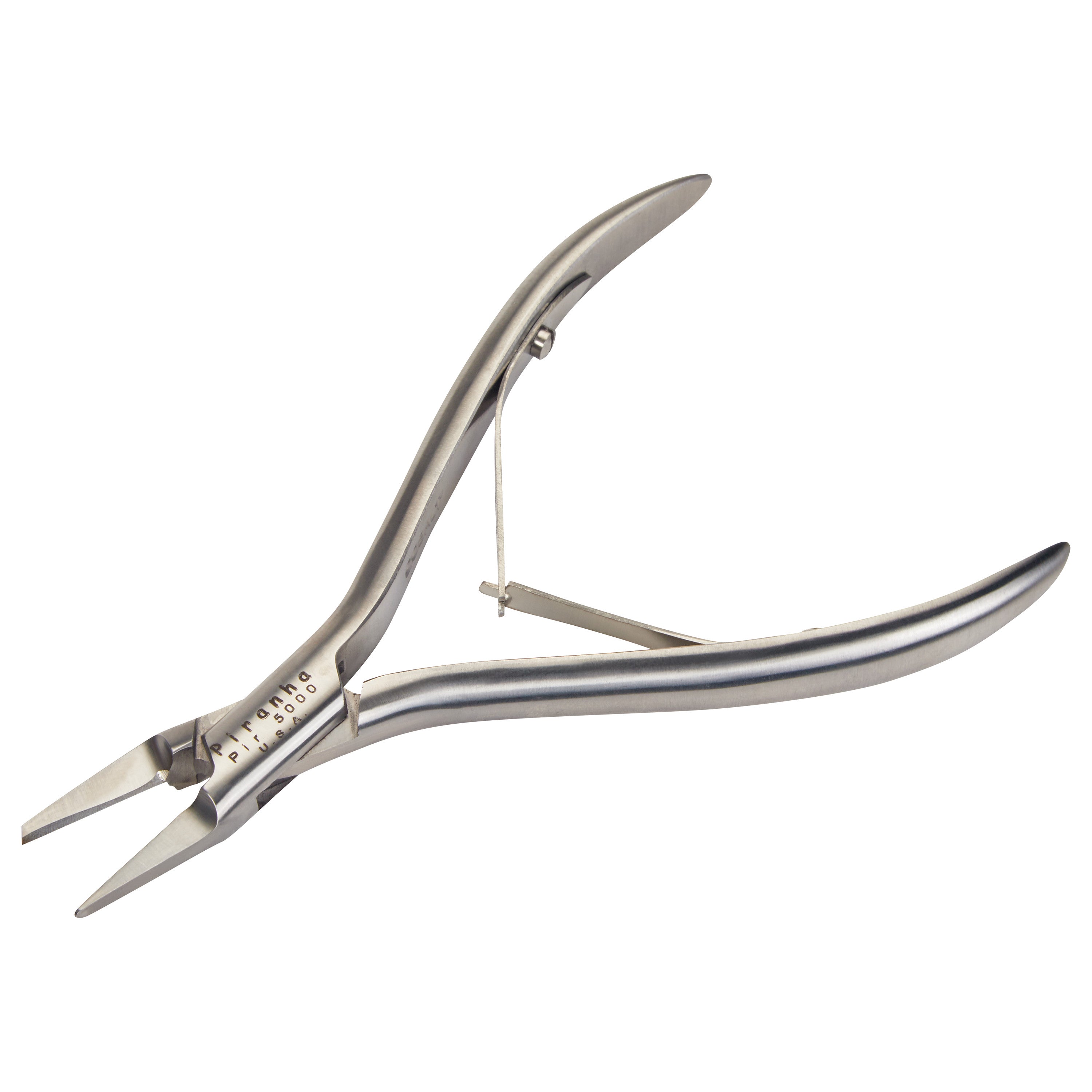 An  English Anvil Nail Cutter with curved, metallic handles and sharp cutting edges, designed for precision trimming.