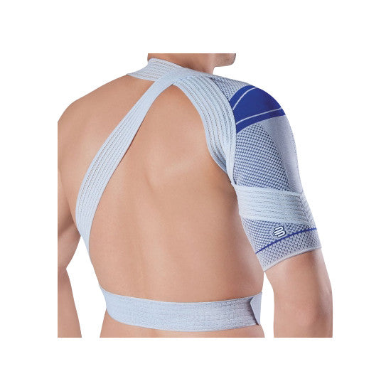 A person wearing the Bauerfeind OmoTrain Active Shoulder Support in blue and gray, showing the back view.