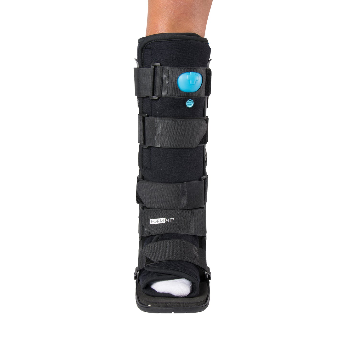 A leg wearing an Ossur Formfit High-Top Air Walker with adjustable straps and a visible blue air pump, exposing the toes.