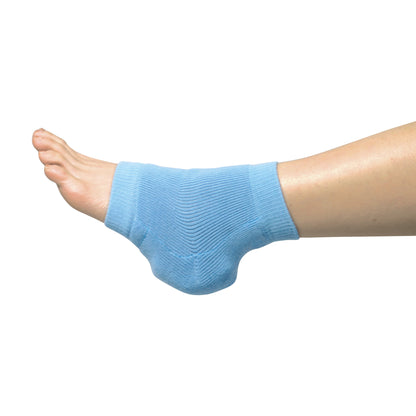 A person's foot wearing a Heelbo Heel/Elbow Protector in blue, covering the heel and ankle, against a white background.
