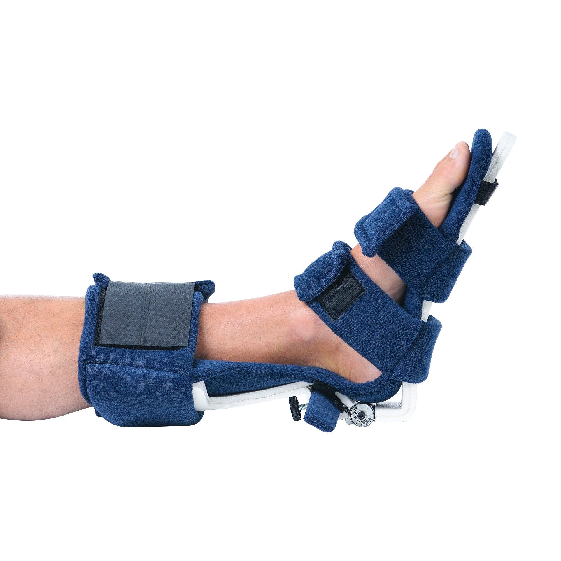 A foot wearing the Comfy Splints Adult Spring-Loaded Goniometer Ankle/Foot Orthosis in blue, providing ankle and foot support.