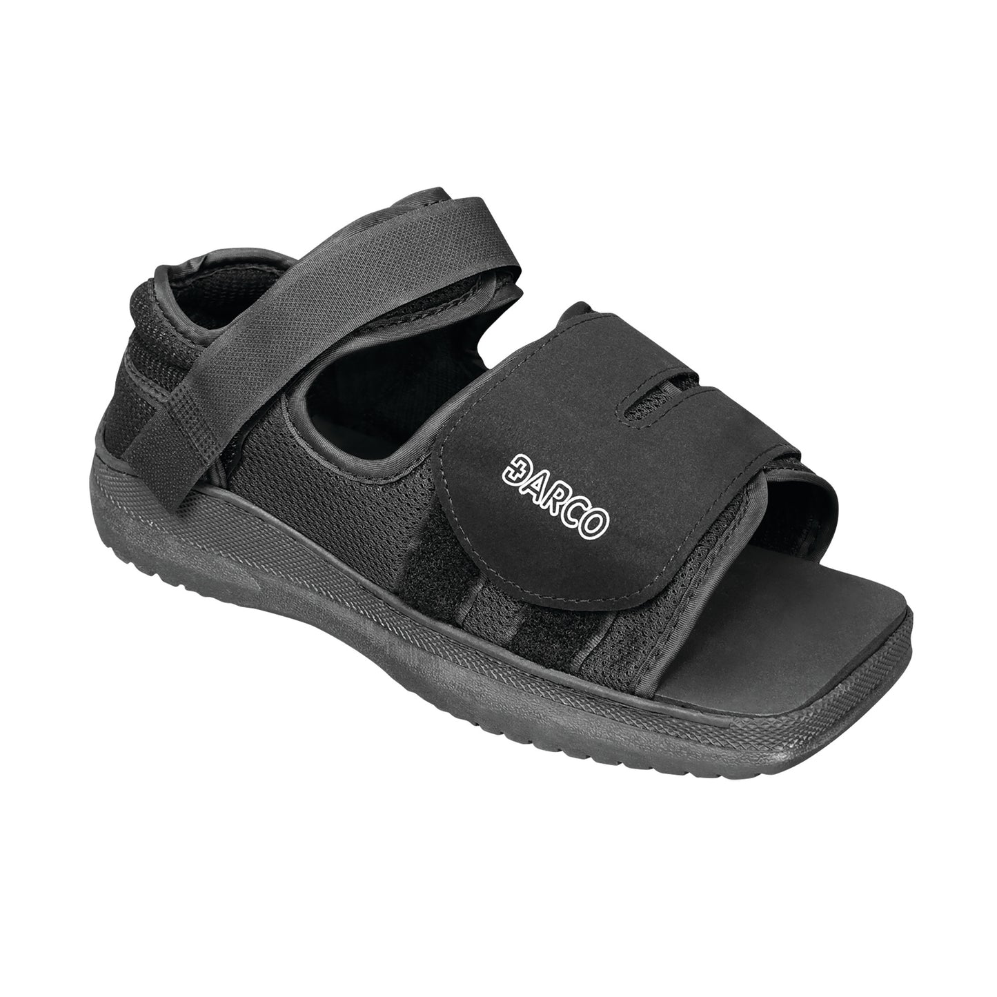 A DARCO MedSurg Shoe, a black medical sandal with adjustable straps and an open-toe design.