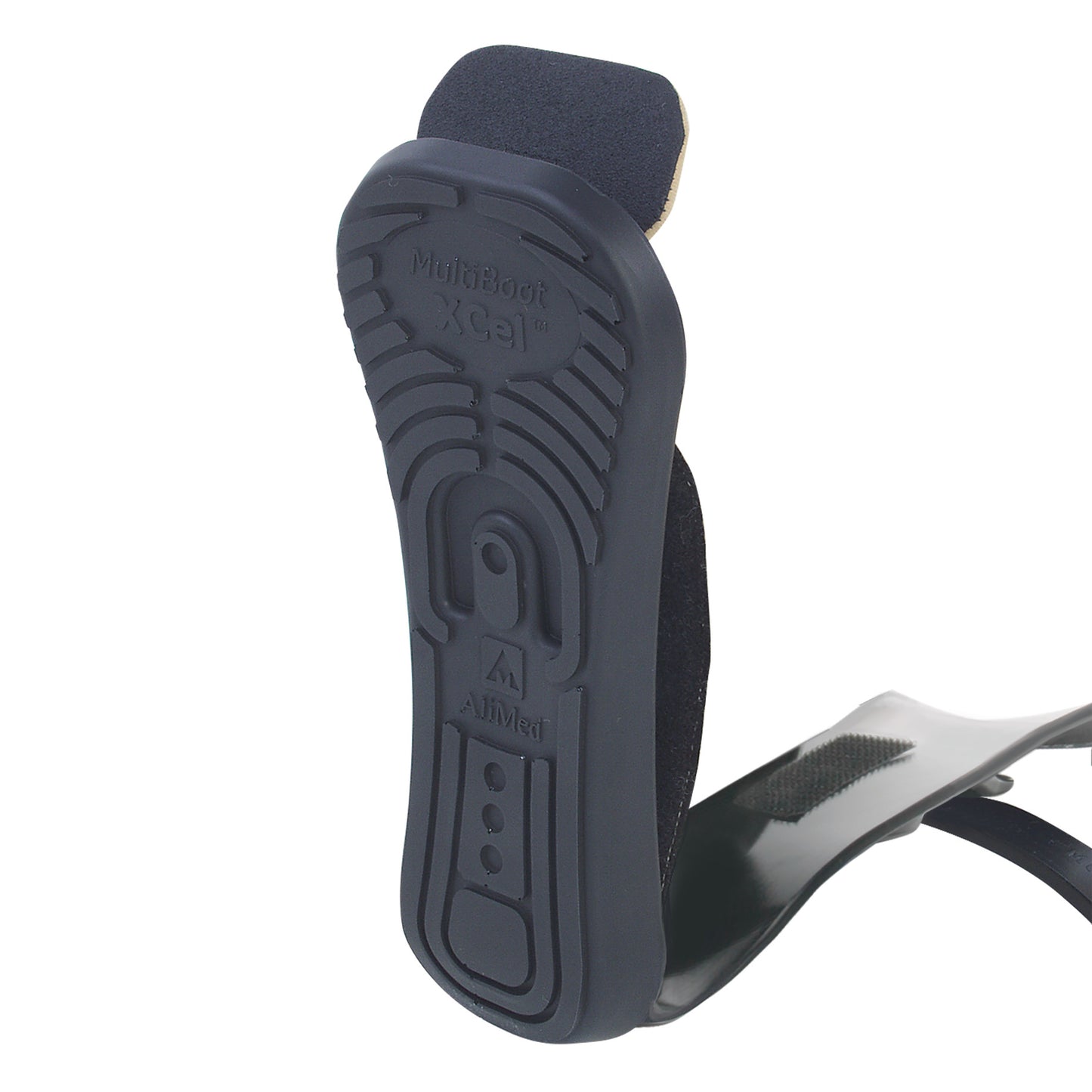 The AliMed MultiBoot X-Cel Contracture Boot with Genuine Wool Liner is shown from the bottom, highlighting its sole design and straps.