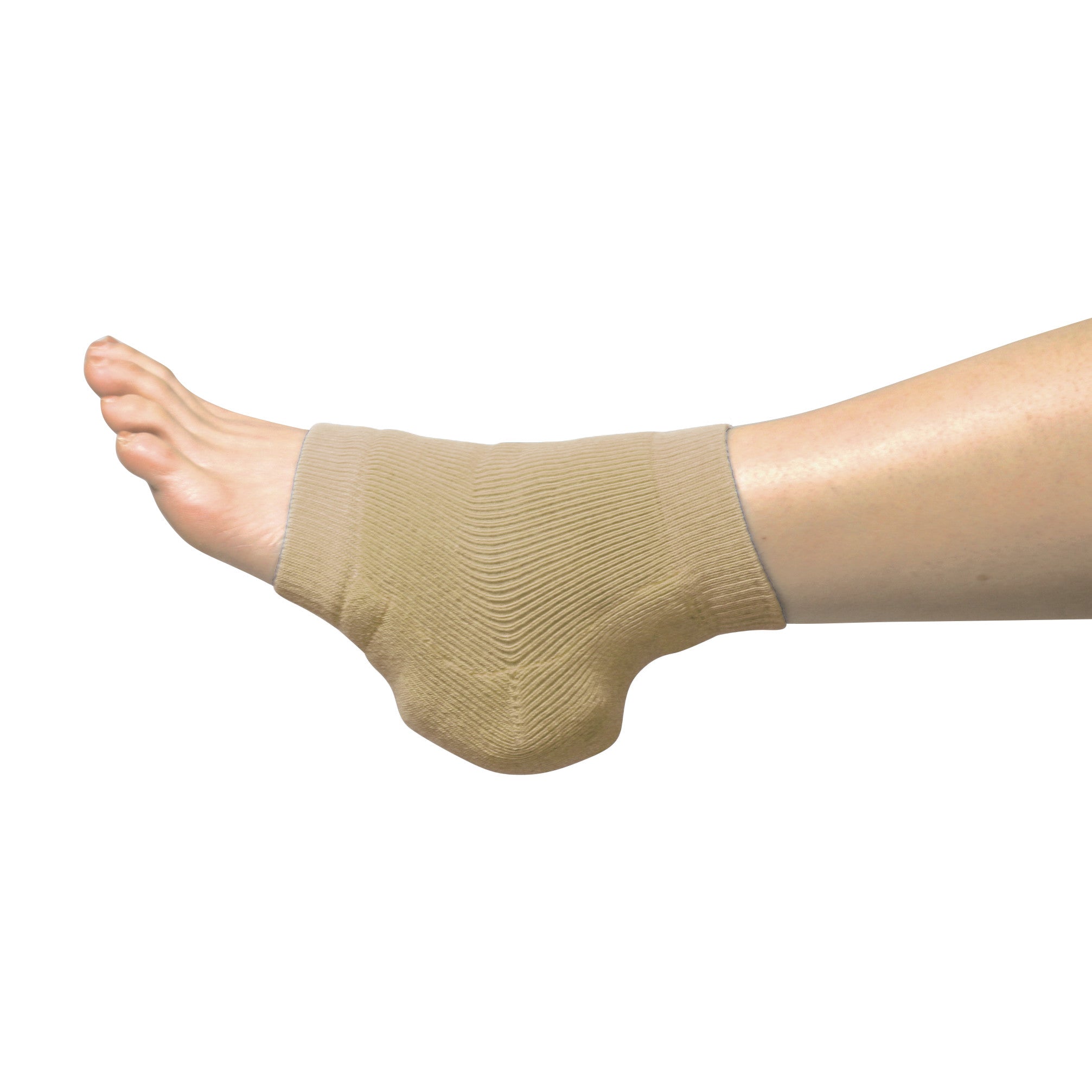 A person's foot wearing a beige Heelbo Heel/Elbow Protector for support and cushioning, viewed from the side.
