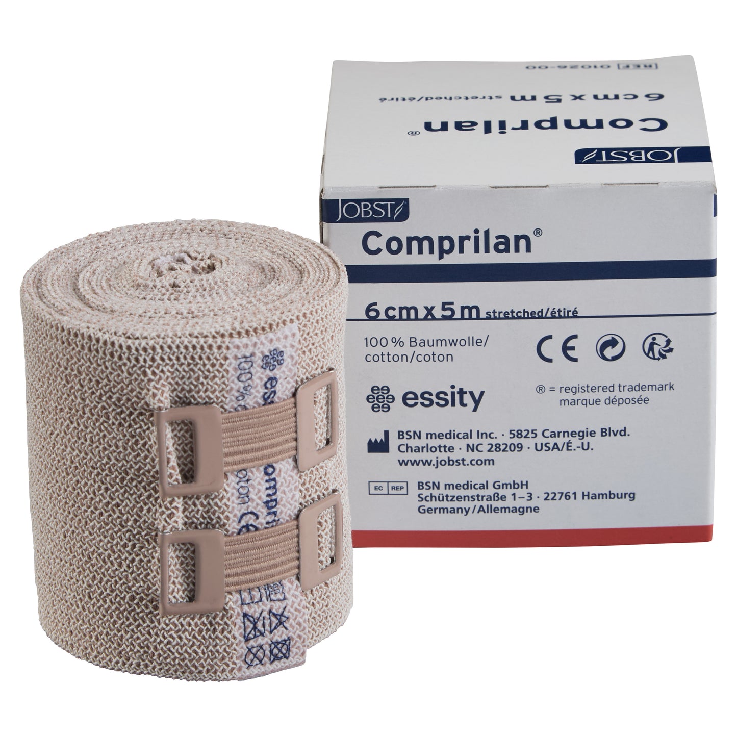 BSN Comprilan Bandage in its packaging next to a rolled bandage with two fasteners, labeled 6cm x 5m and made of 100% cotton.