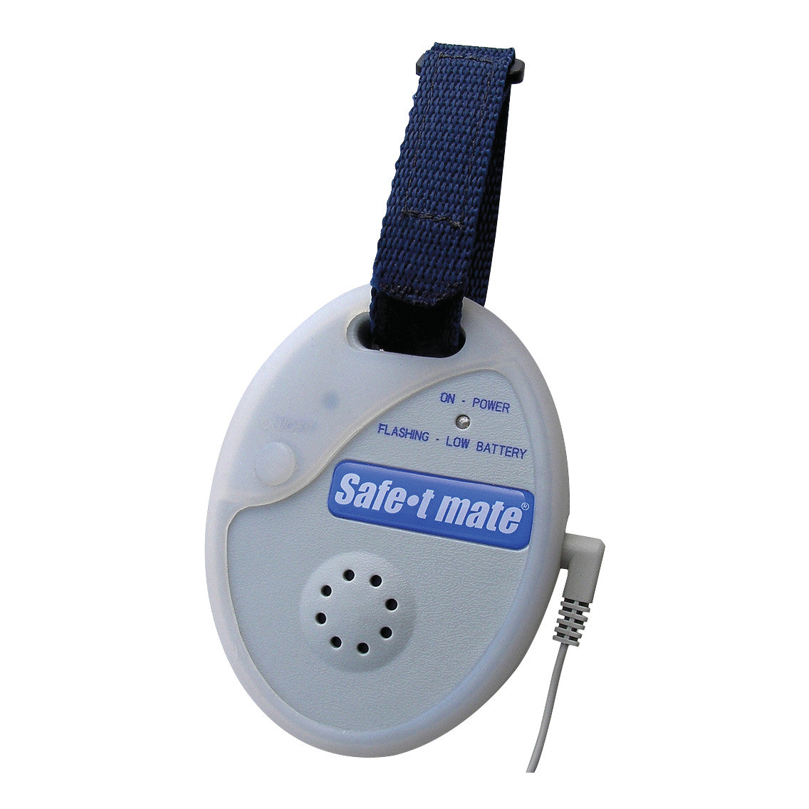 The Safe-t mate Anti-Rollback System with Alarm is an oval device with a blue strap, featuring power and low battery indicators.