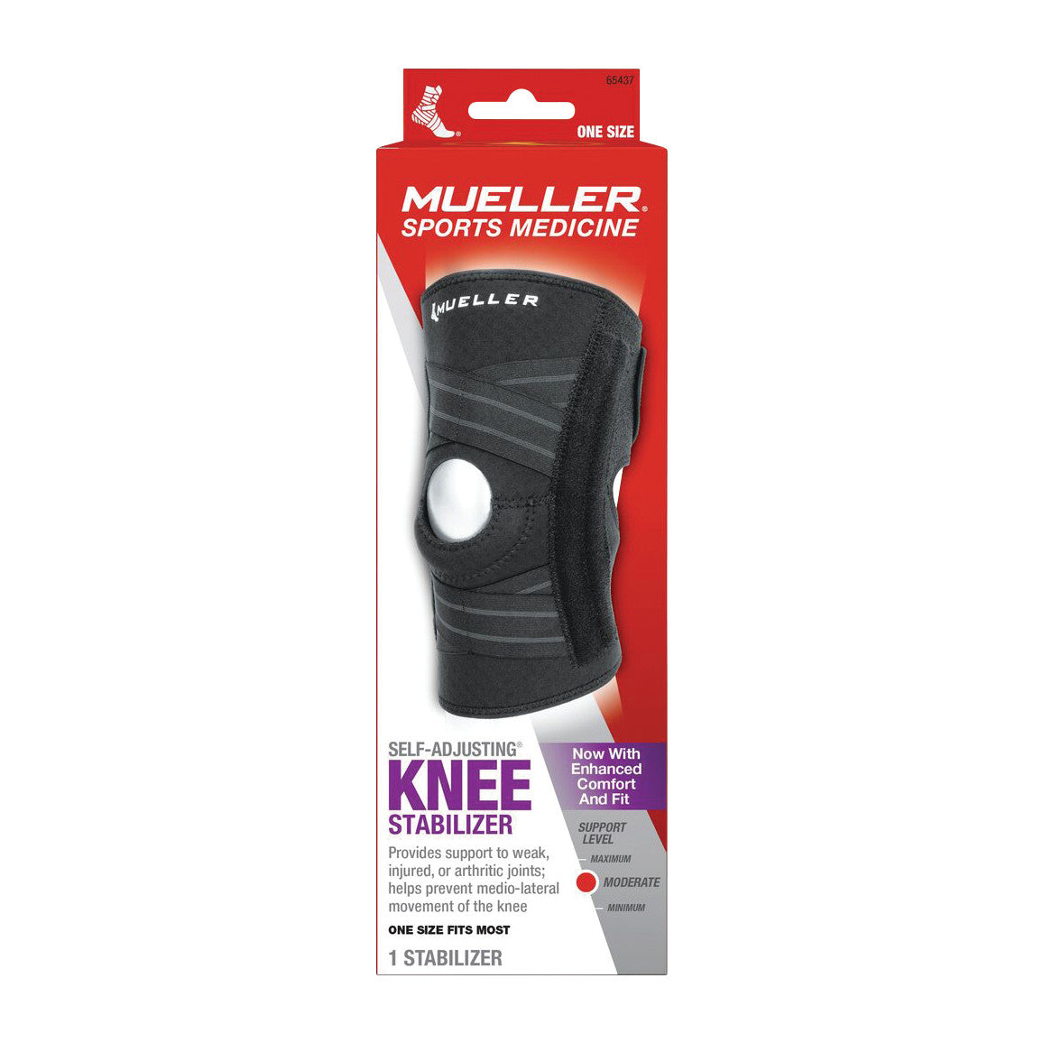 Mueller  Knee Stabilizer in packaging, designed for enhanced comfort and support for weak or injured knees, one size fits most.
