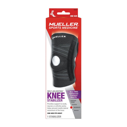 Mueller  Knee Stabilizer in packaging, designed for enhanced comfort and support for weak or injured knees, one size fits most.