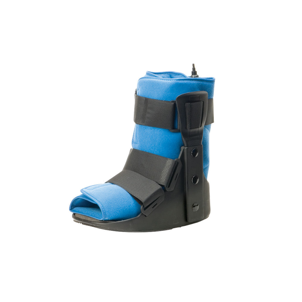 The DARCO Air Traveler Short Walker is a blue medical boot with black straps and an open toe, designed for foot and ankle support.