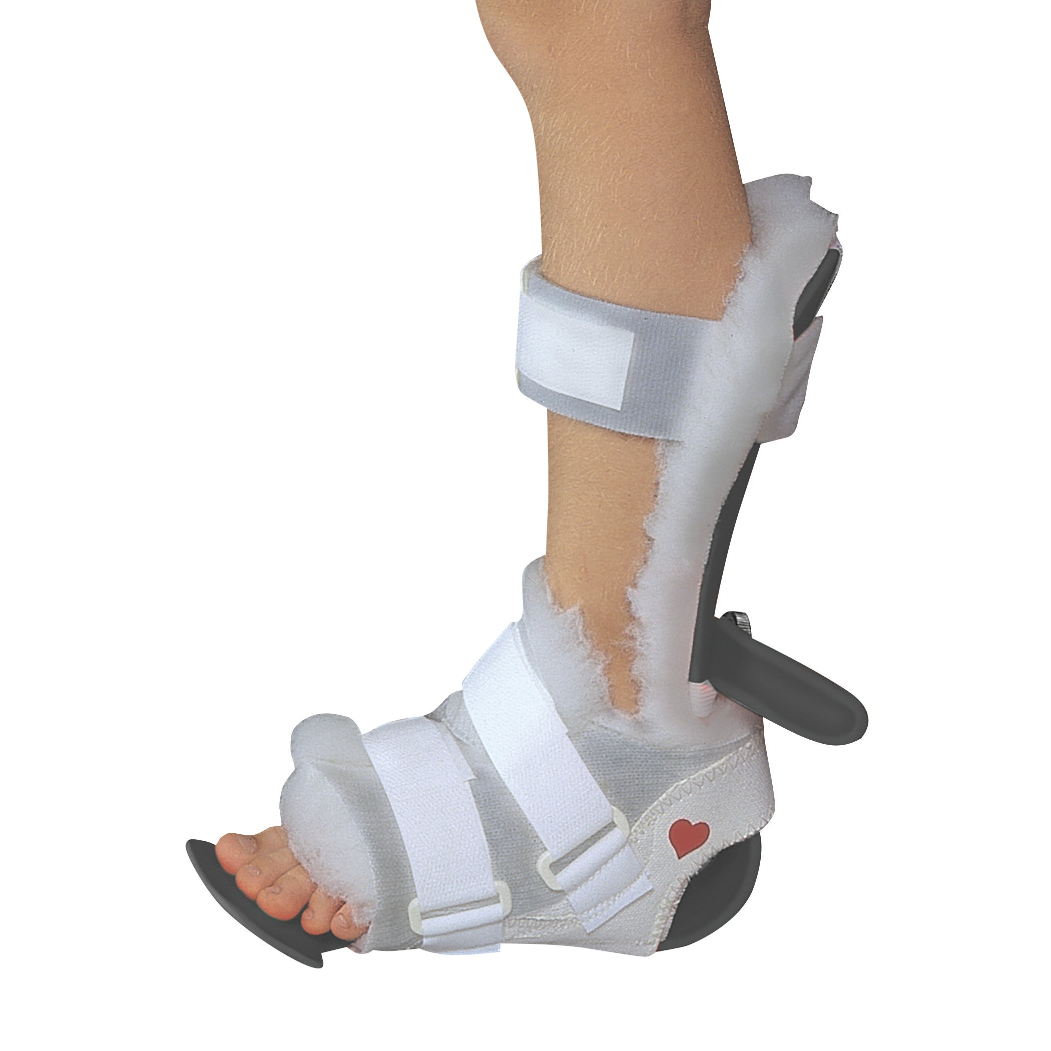 A child's leg wearing the RCAI Original Pediatric Multi Podus System, featuring padding and adjustable straps for foot support.