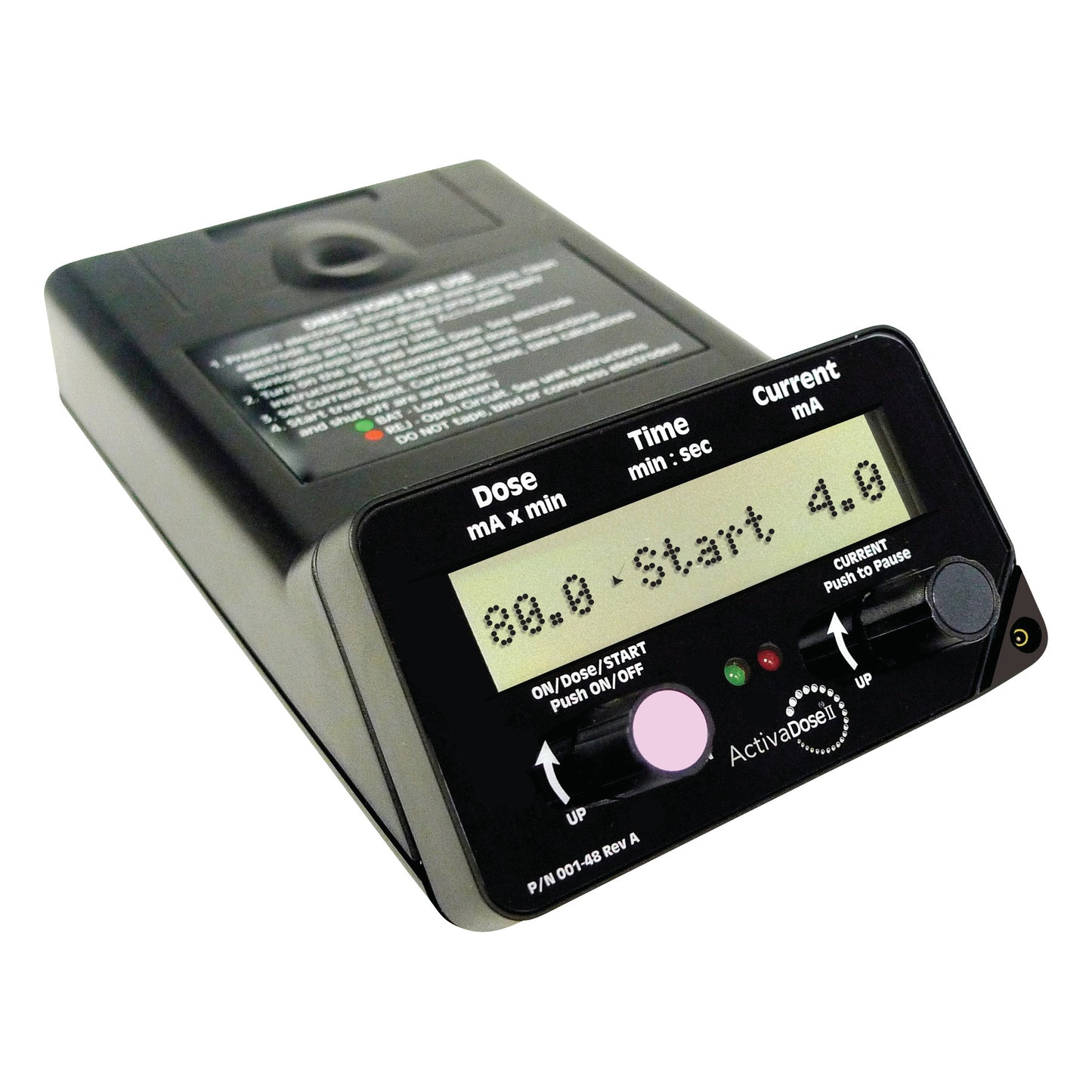 The ActivaDose II Controller is a medical device with a digital display showing dose and current settings, featuring buttons for operation.