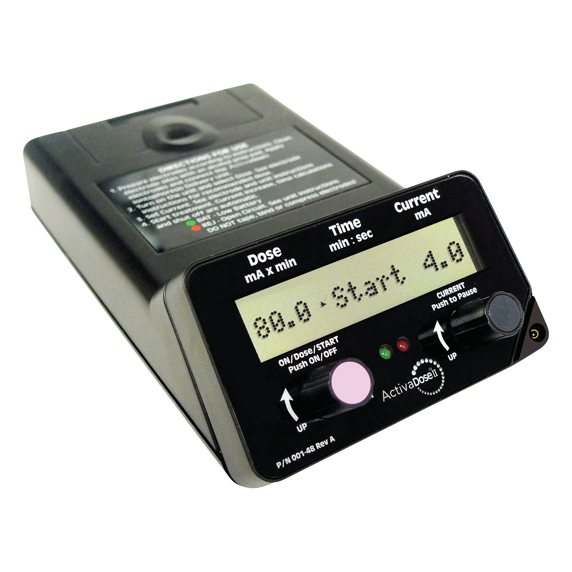The ActivaDose II Controller is a medical device with a digital display showing dose and current settings, featuring buttons for operation.
