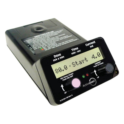 The ActivaDose II Controller is a medical device with a digital display showing dose and current settings, featuring buttons for operation.