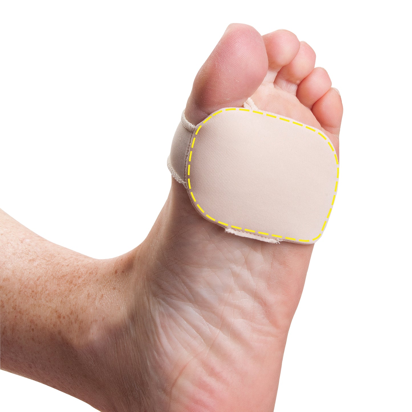 A foot wearing a PediFix Visco-GEL Silicone Thin Forefoot Cushion, visible on the ball of the foot, with an elastic strap around the big toe.