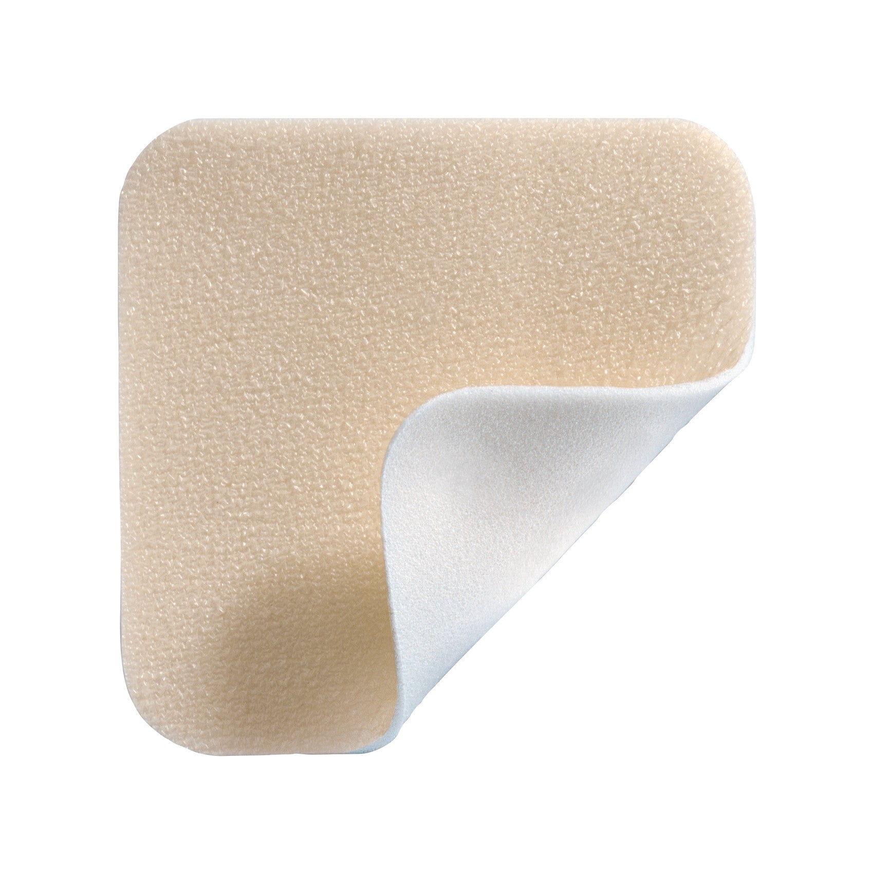 Molnlycke Mepilex Lite Dressing with a beige, textured surface and a corner lifted to show the white inner layer.
