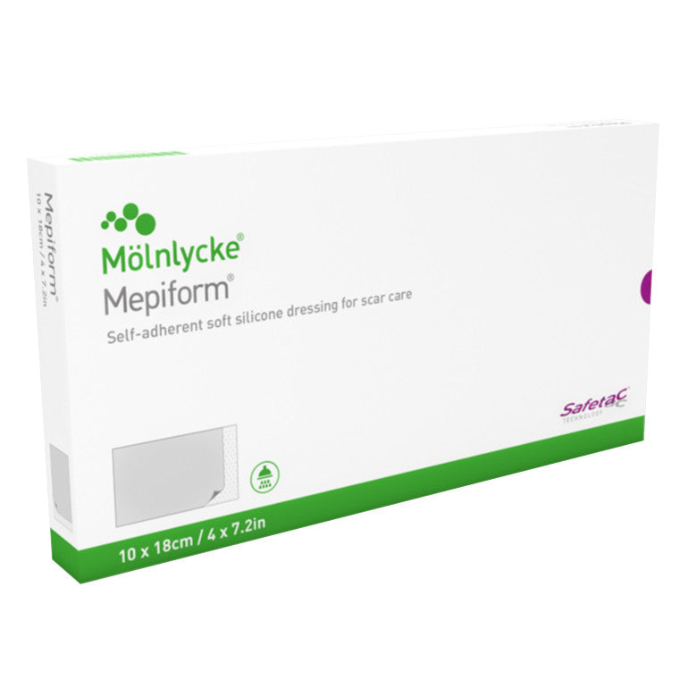 Packaging of Molnlycke Mepiform Self-Adherent Soft Silicone Dressing for scar care, measuring 10 x 18 cm or 4 x 7.2 in.