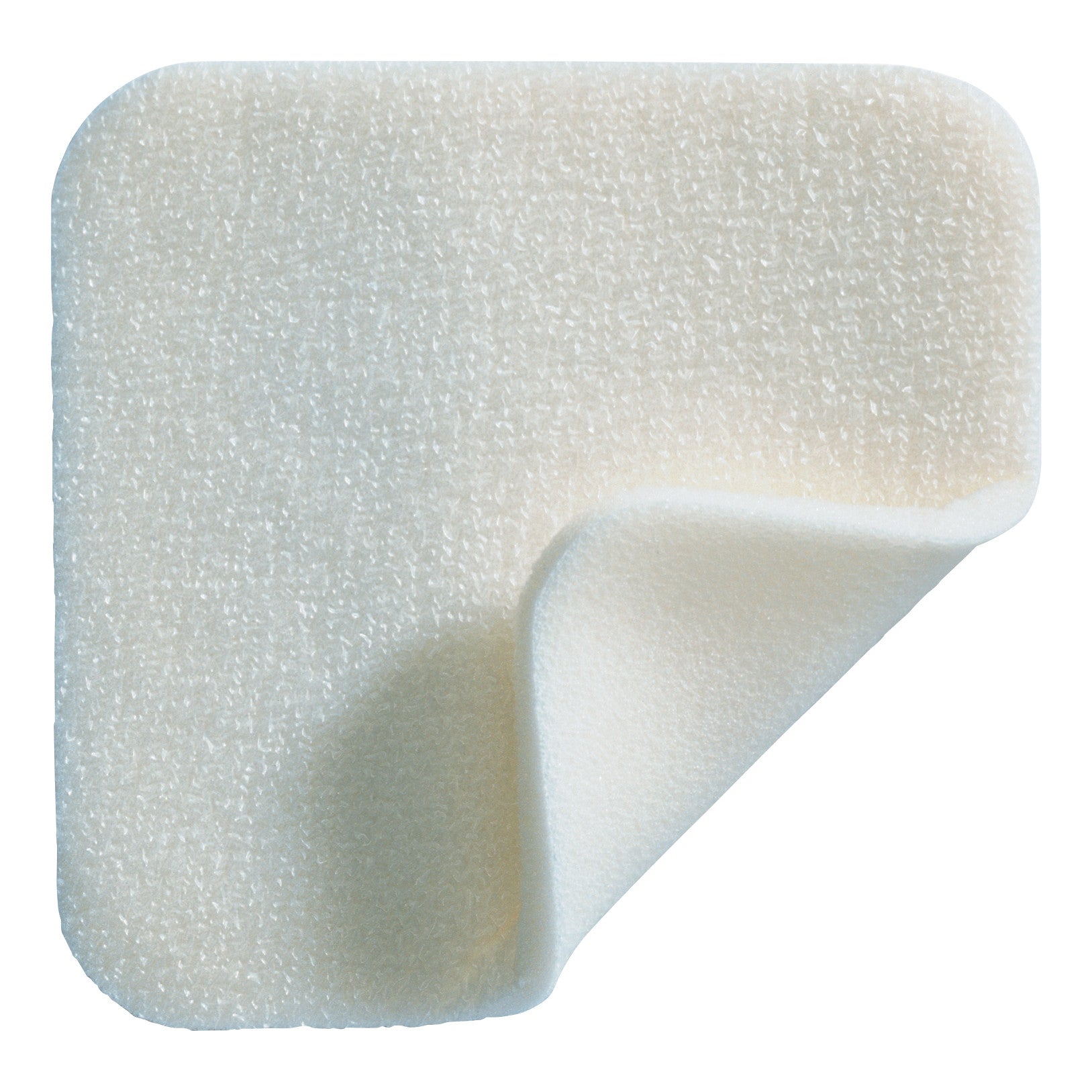 Molnlycke Mepilex Soft Silicone Absorbent Foam Dressing with a corner peeled back, showing its textured surface.