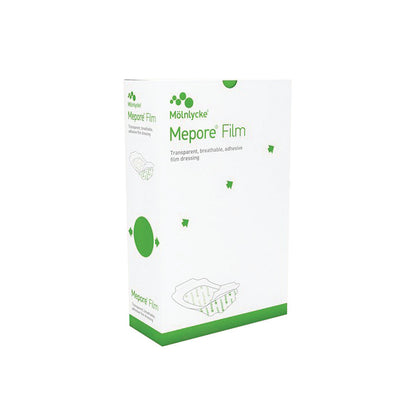 Box of Molnlycke Mepore Film Transparent Dressing, featuring a white and green design with product information printed on it.