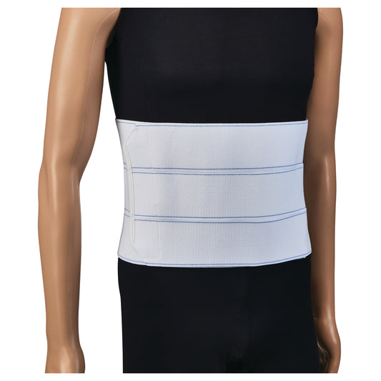 A mannequin wears the AliMed Three-Panel Abdominal Support. It's a white band with blue stitching, covering the midsection.