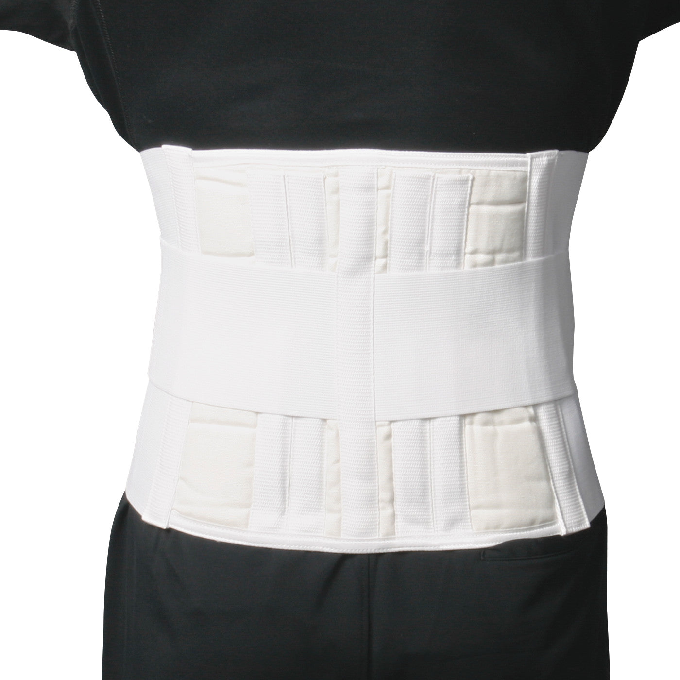 A person wears the AliMed Lumbosacral Support Plus, a white brace providing back support, over a black shirt and pants.