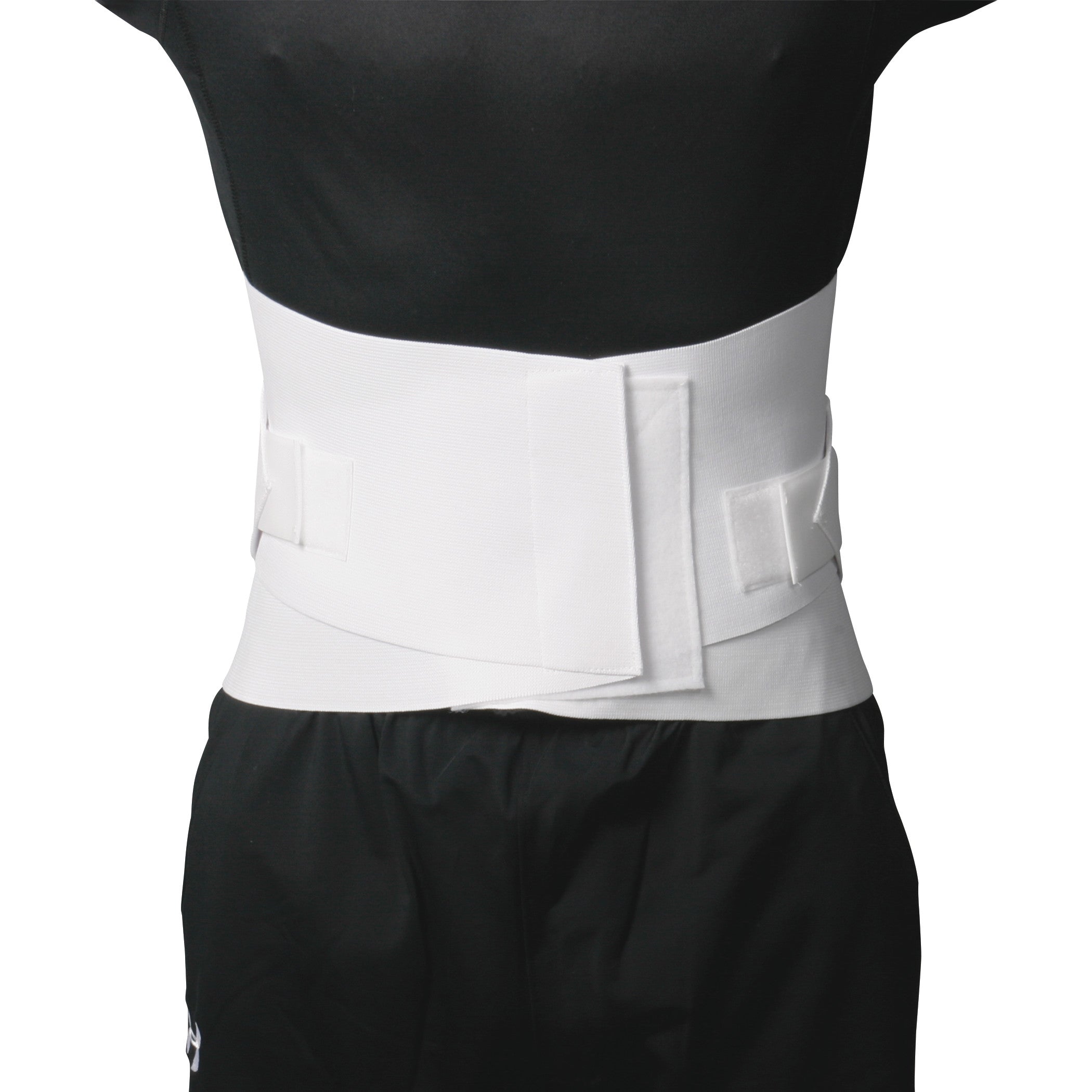 A person wears an AliMed Economy Elastic Lumbosacral Support with a wide white belt over a black shirt and pants.