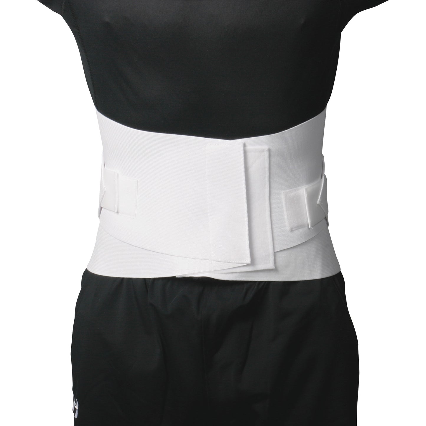 A person wears an AliMed Economy Elastic Lumbosacral Support with a wide white belt over a black shirt and pants.