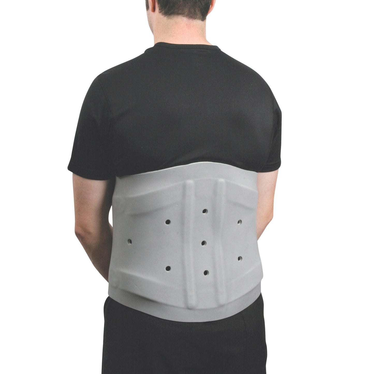 A person wears the AliMed LSO, a gray back brace with ventilation holes, over a black shirt, viewed from the back.