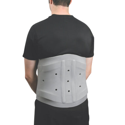 A person wearing an AliMed LSO back brace, featuring a gray support with ventilation holes, viewed from behind.