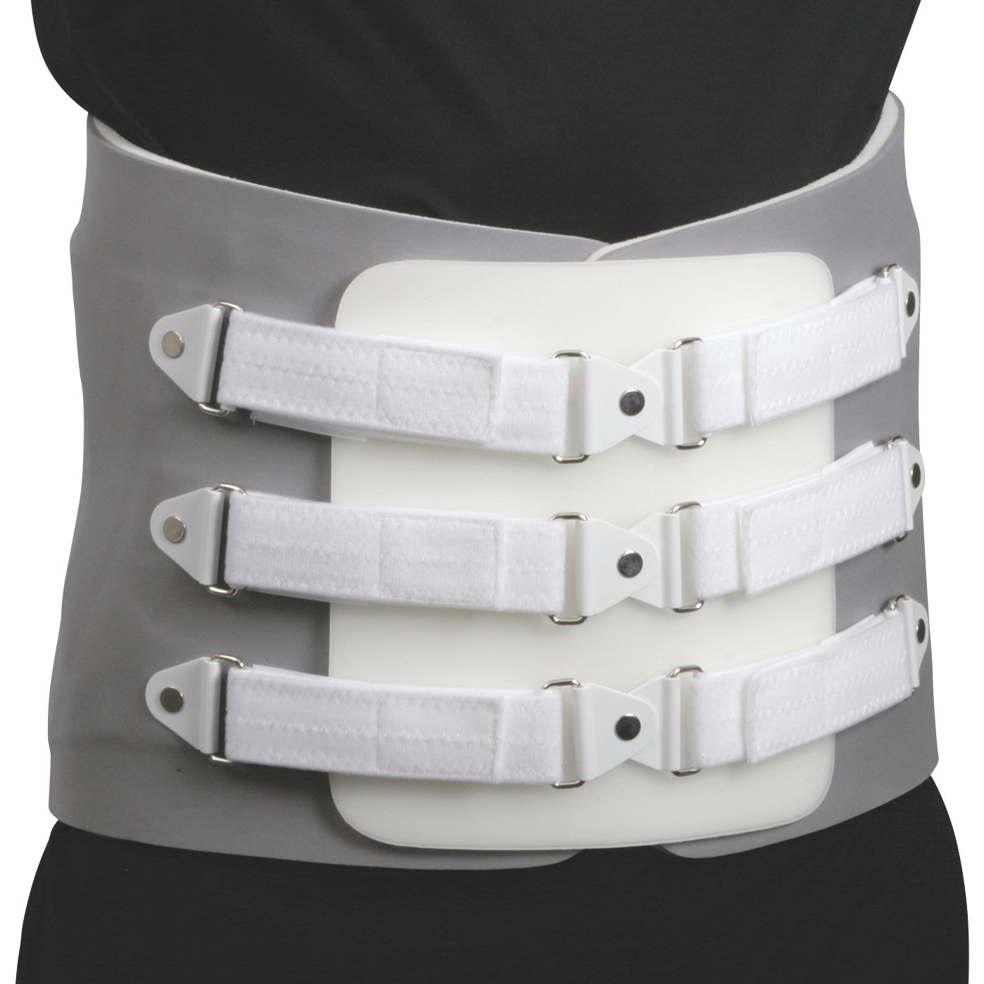 A person wears an AliMed LSO brace with gray sides and three white adjustable straps, providing spinal support and stabilization.