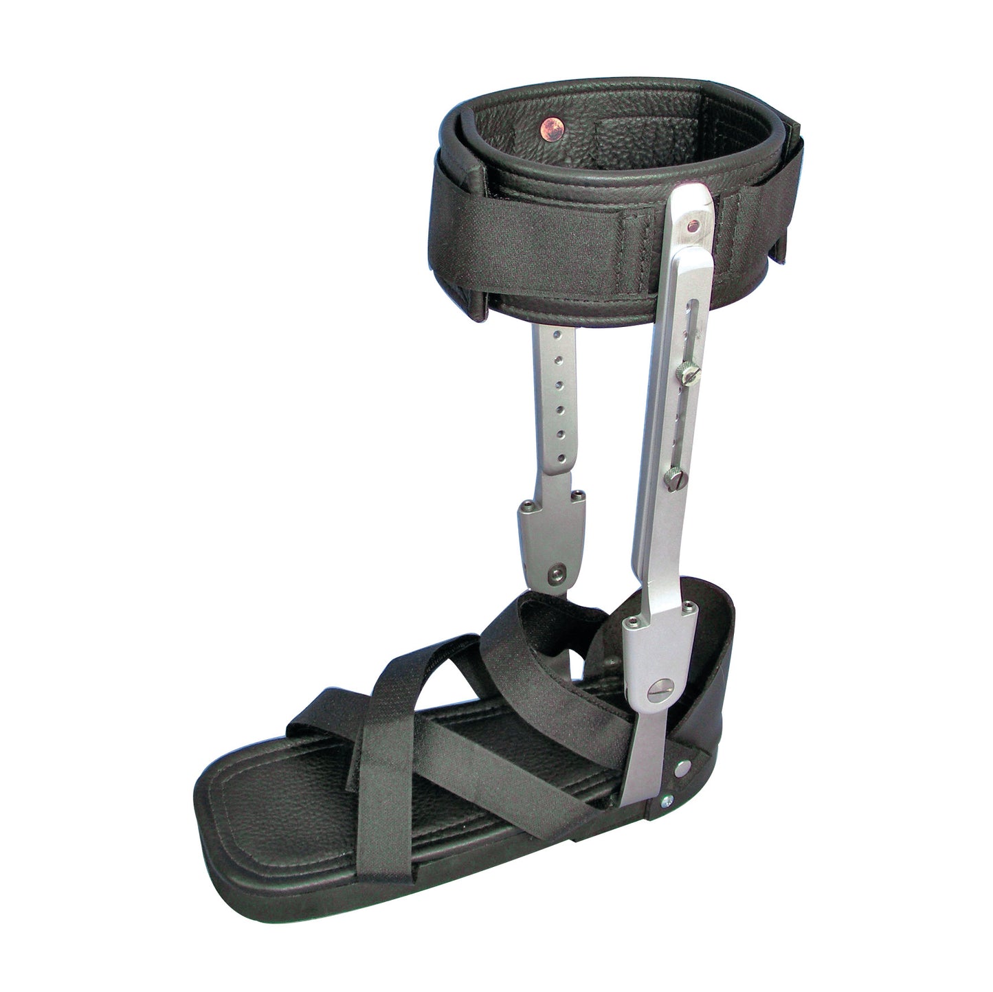 The Adjustable AFO Training Brace features a footplate with straps and adjustable metal uprights, designed for ankle and foot support.