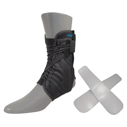 DARCO Web Ankle Support on a mannequin foot, featuring laces and straps, with two white removable supports shown beside it.