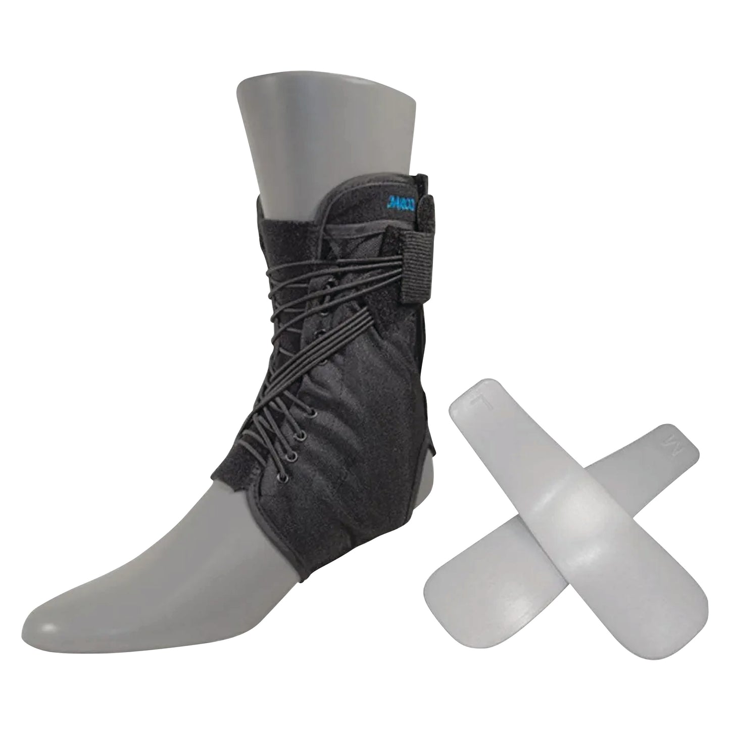 A DARCO Web Ankle Support with laces is shown on a mannequin leg, accompanied by two white plastic support inserts.