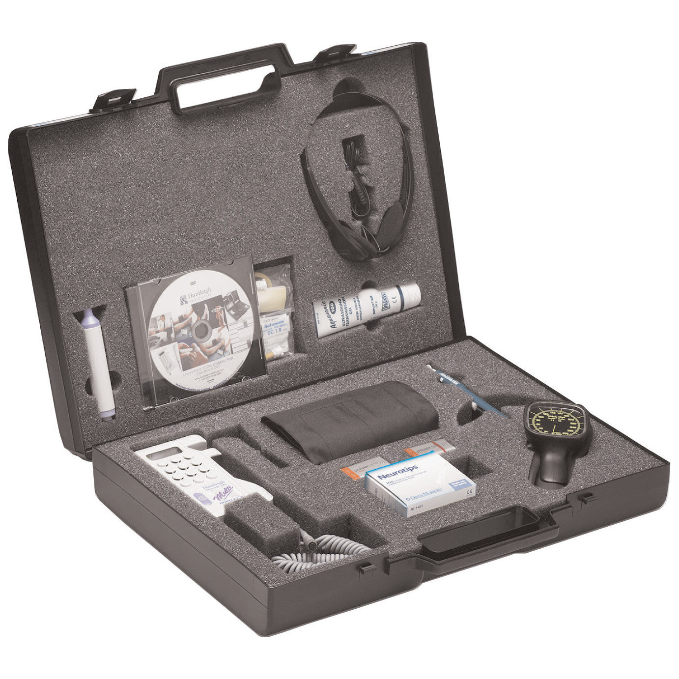 Huntleigh Diabetic Foot Assessment Kit includes a device, headphones, CD, measuring tools, and accessories in a foam-lined case.