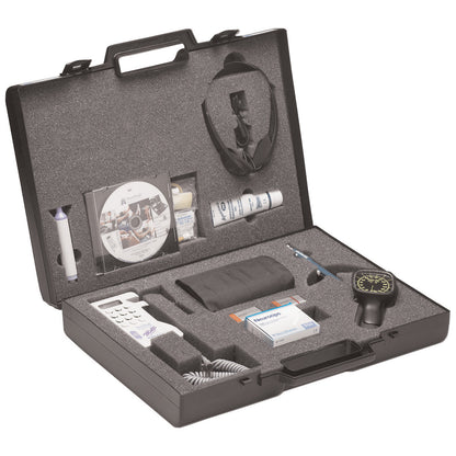 Huntleigh Diabetic Foot Assessment Kit includes a device, headphones, CD, measuring tools, and accessories in a foam-lined case.