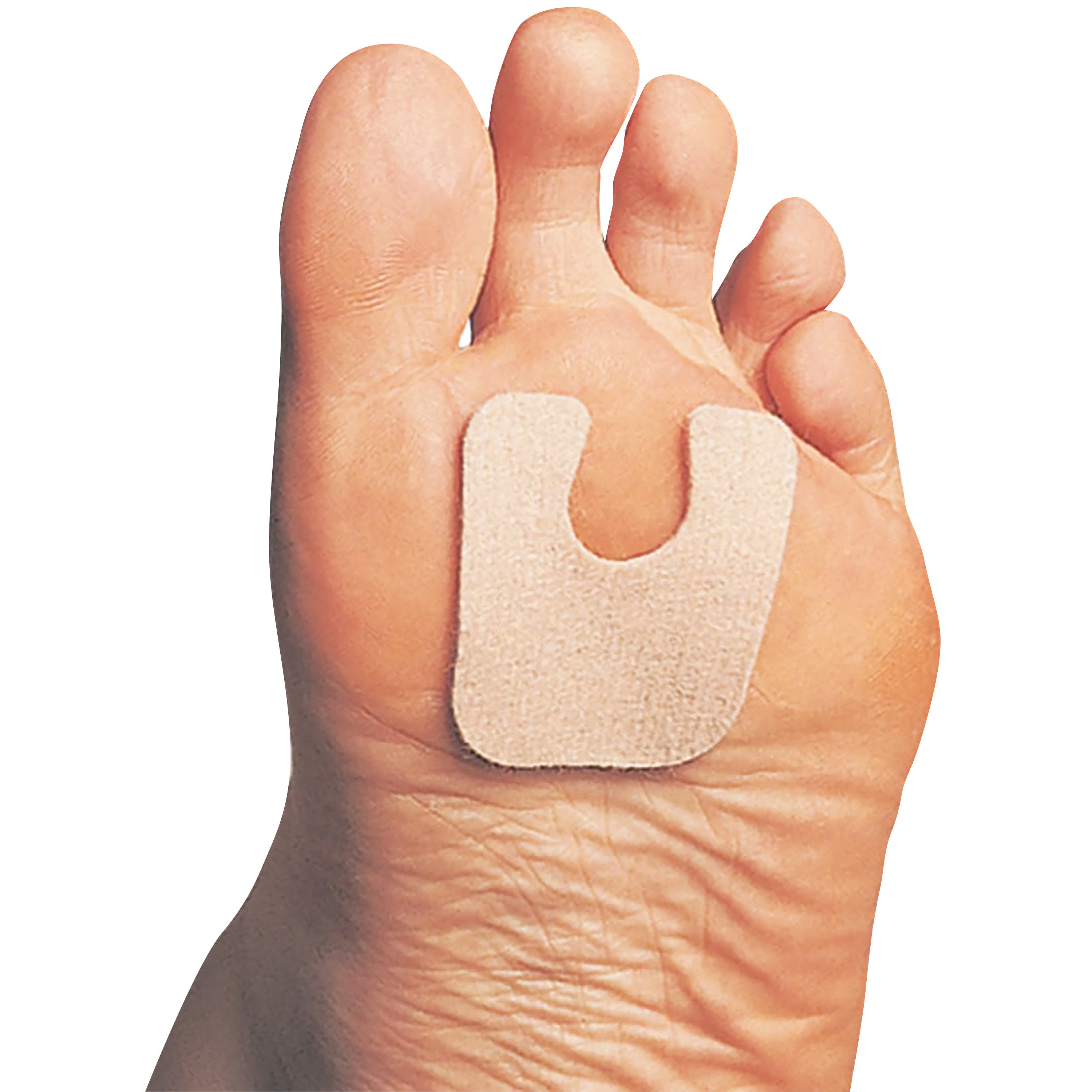 A foot with a PediFix FELTastic Callus Protector applied. The protector is beige, U-shaped, and cushions the ball of the foot.