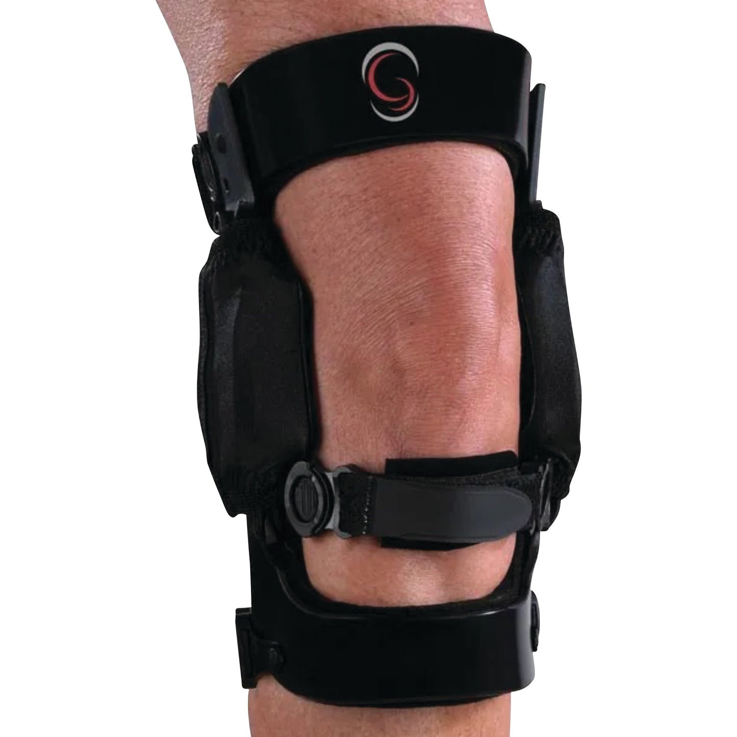 A close-up of a leg wearing a Sport Rehabilitator Knee Brace in black, providing support and stability with adjustable straps.