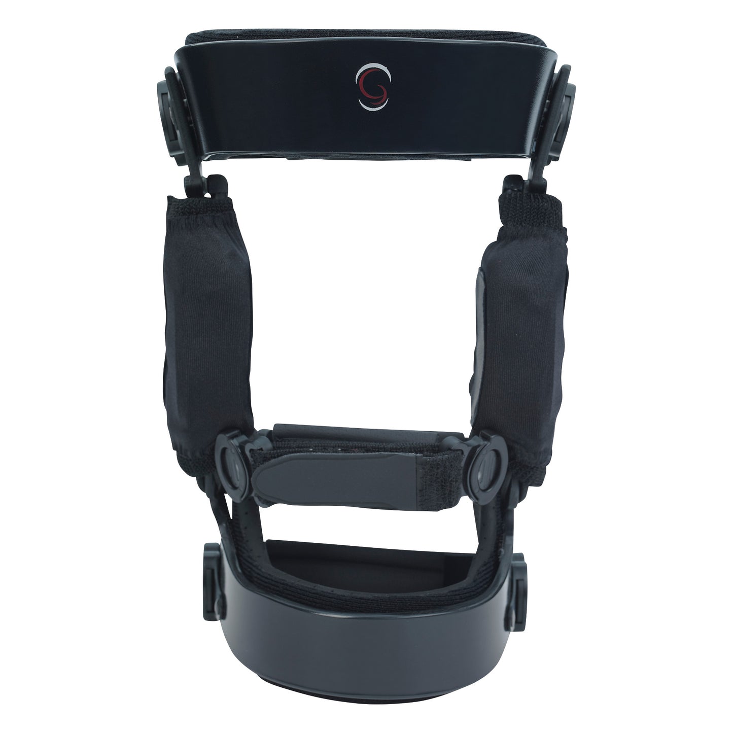 The Sport Rehabilitator Knee Brace features a black, adjustable structure with fabric straps and a circular logo on the front.