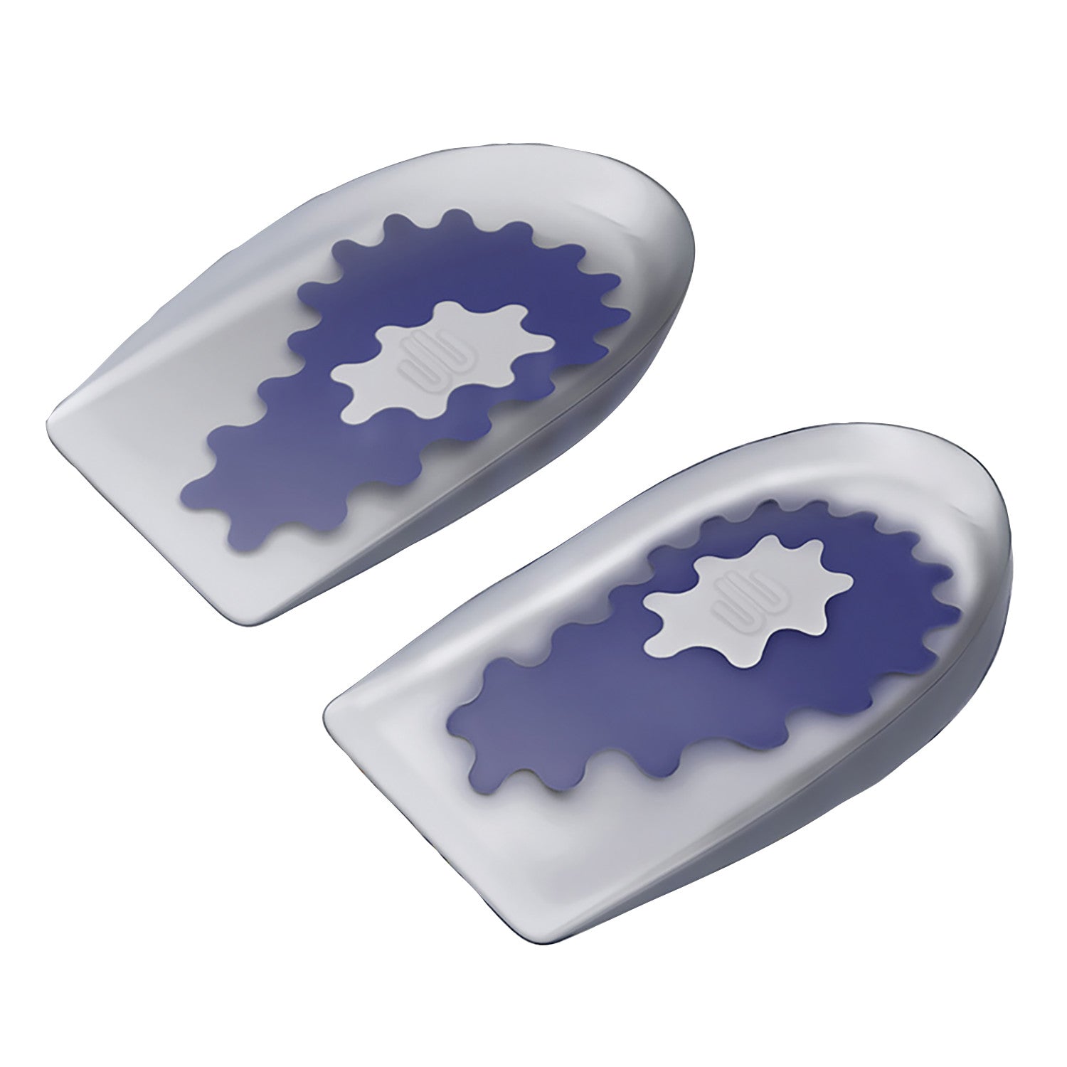 Bauerfeind ViscoSpot Heel Cushion pair with a white base and blue textured support area in the center for heel comfort and relief.