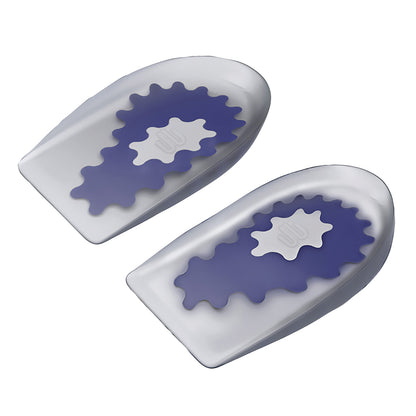 Bauerfeind ViscoSpot Heel Cushion pair with a white base and blue textured support area in the center for heel comfort and relief.