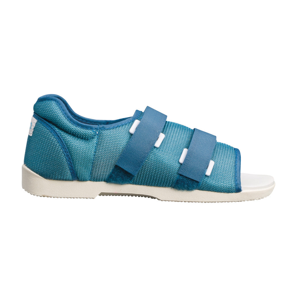 The DARCO Original Pediatric MedSurg Shoe features a blue open-toe design with three adjustable straps for a secure fit.
