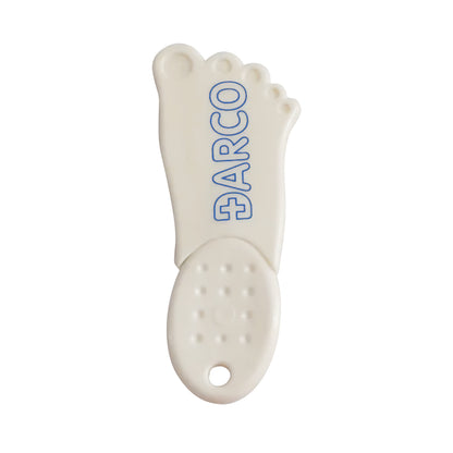 DARCO FootFilament in the shape of a foot with the word "DARCO" printed on it, featuring small bumps and a hole at the base.