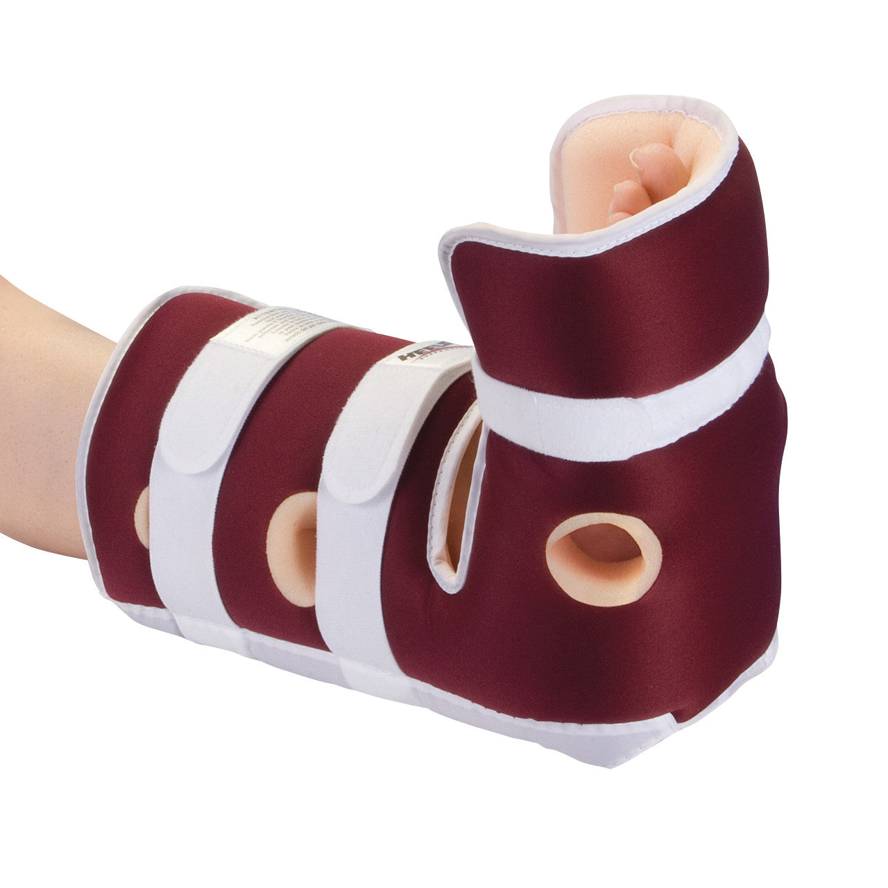 A maroon HEELIFT Glide heel protector is secured on a person's foot with white straps, showing ventilation holes.